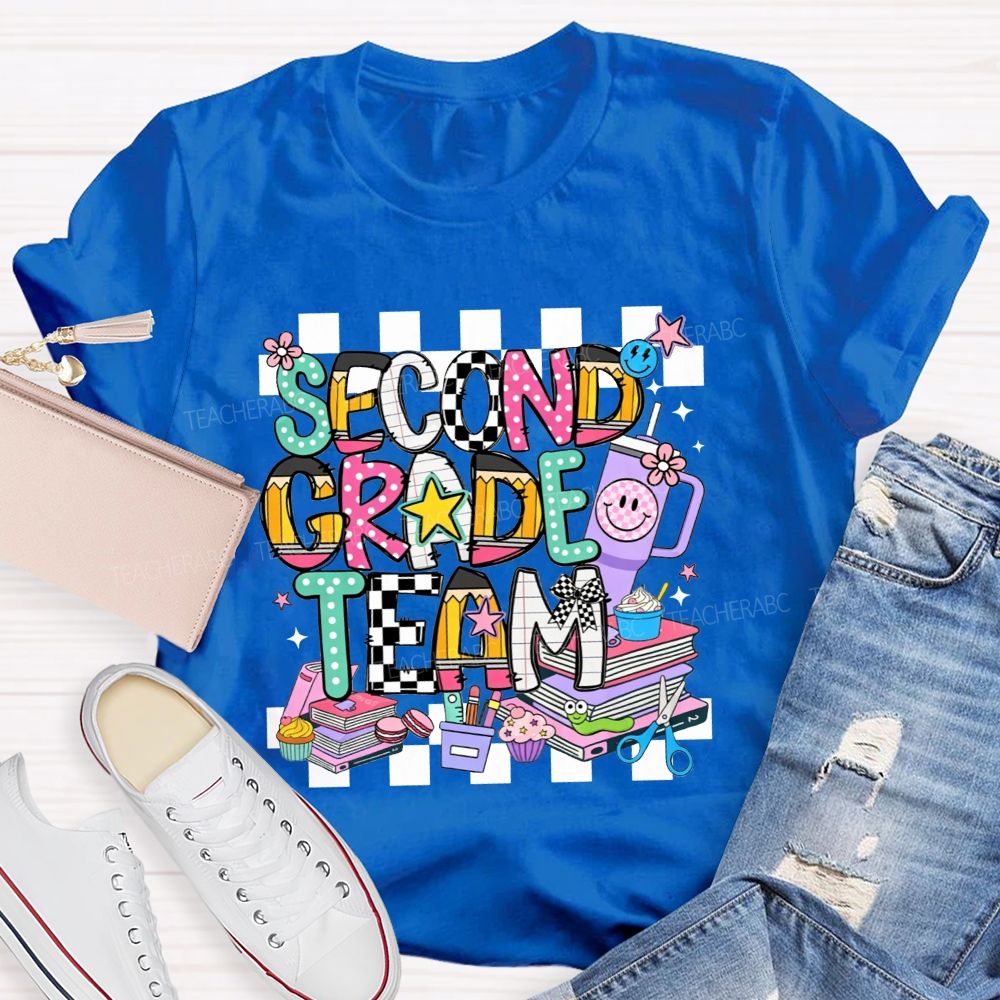 Personalized Grade Second Grade Team Checkerboard Pencil Teacher T-shirt