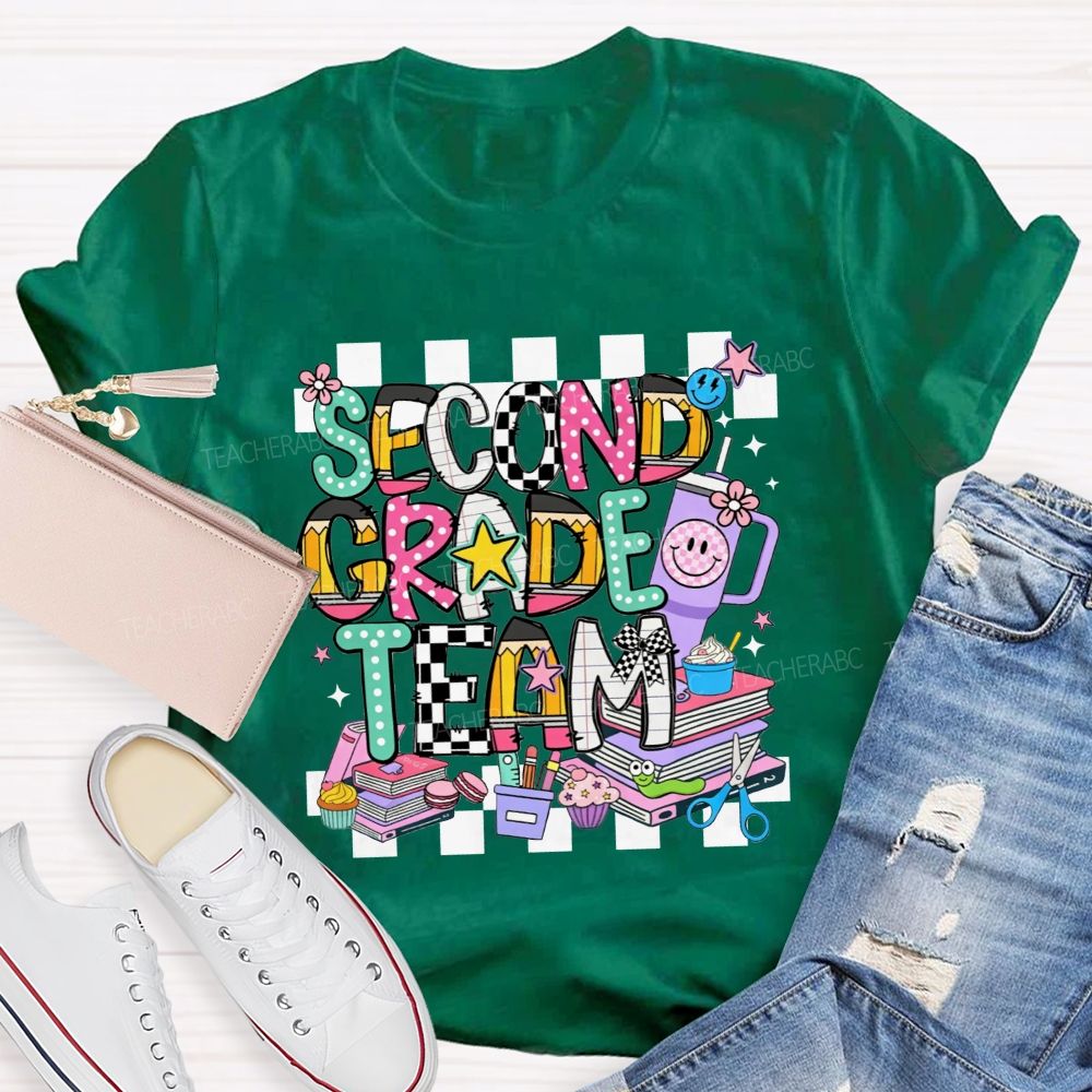 Personalized Grade Second Grade Team Checkerboard Pencil Teacher T-shirt