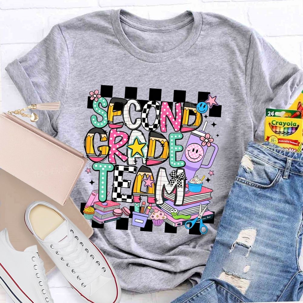 Personalized Grade Second Grade Team Checkerboard Pencil Teacher T-shirt