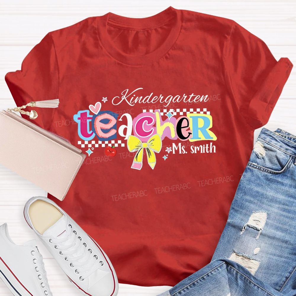 Personalized Name And Grade Kindergarten Teacher Color Bubble Letter Teacher T-shirt