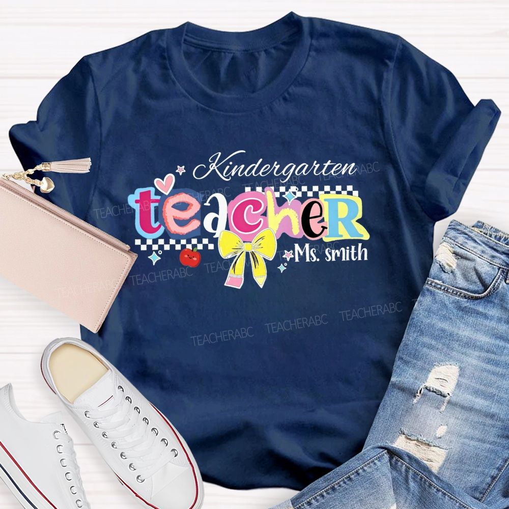 Personalized Name And Grade Kindergarten Teacher Color Bubble Letter Teacher T-shirt