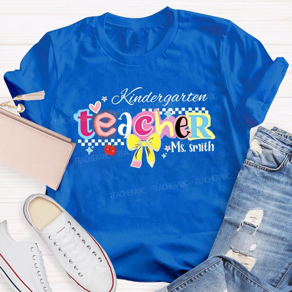 Personalized Name And Grade Kindergarten Teacher Color Bubble Letter Teacher T-shirt
