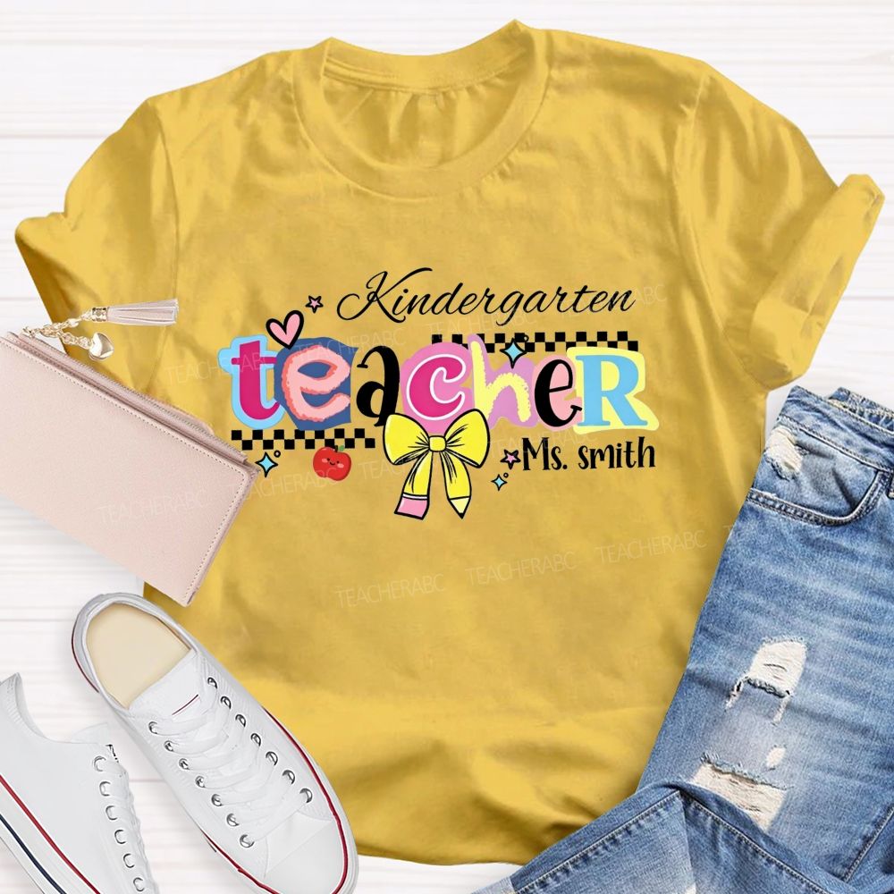 Personalized Name And Grade Kindergarten Teacher Color Bubble Letter Teacher T-shirt