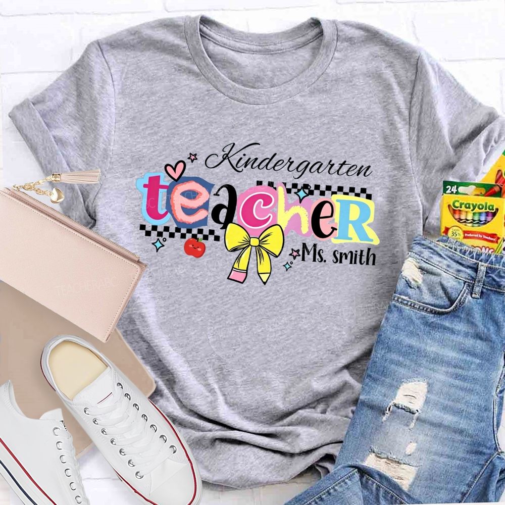 Personalized Name And Grade Kindergarten Teacher Color Bubble Letter Teacher T-shirt