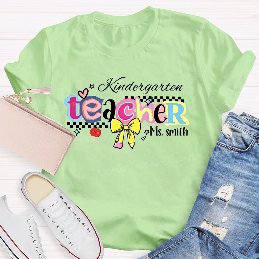 Personalized Name And Grade Kindergarten Teacher Color Bubble Letter Teacher T-shirt