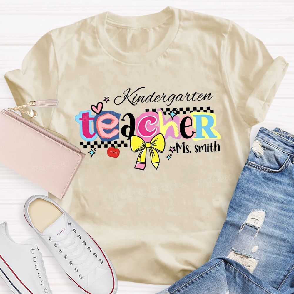 Personalized Name And Grade Kindergarten Teacher Color Bubble Letter Teacher T-shirt