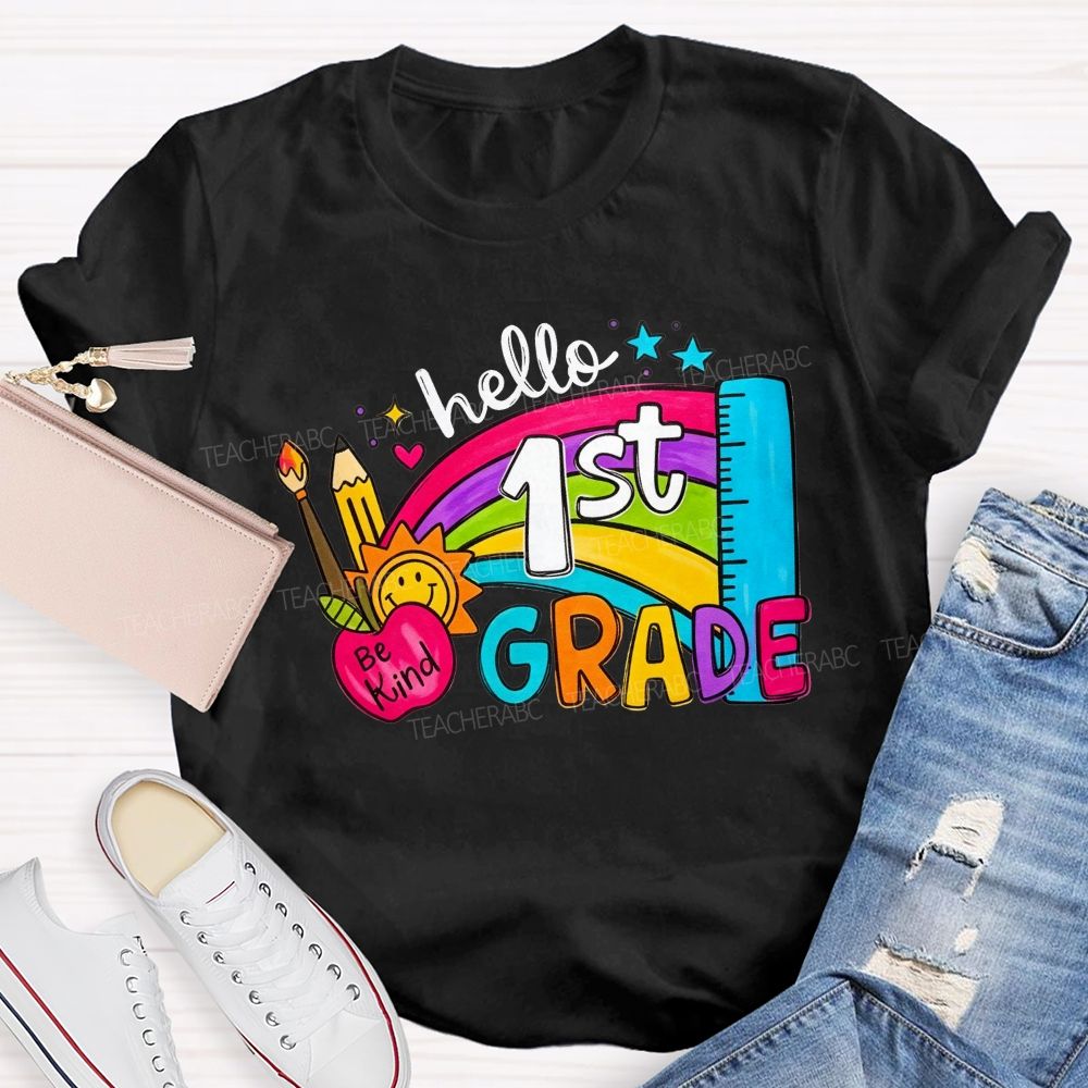 Personalized Grade Hello 1st Grade Rainbow Be Kind Apple Teacher T-shirt