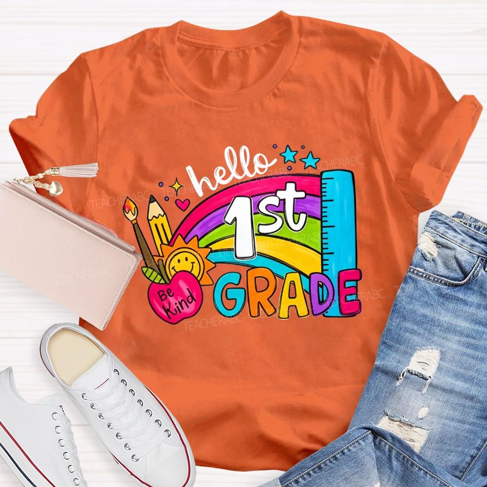 Personalized Grade Hello 1st Grade Rainbow Be Kind Apple Teacher T-shirt