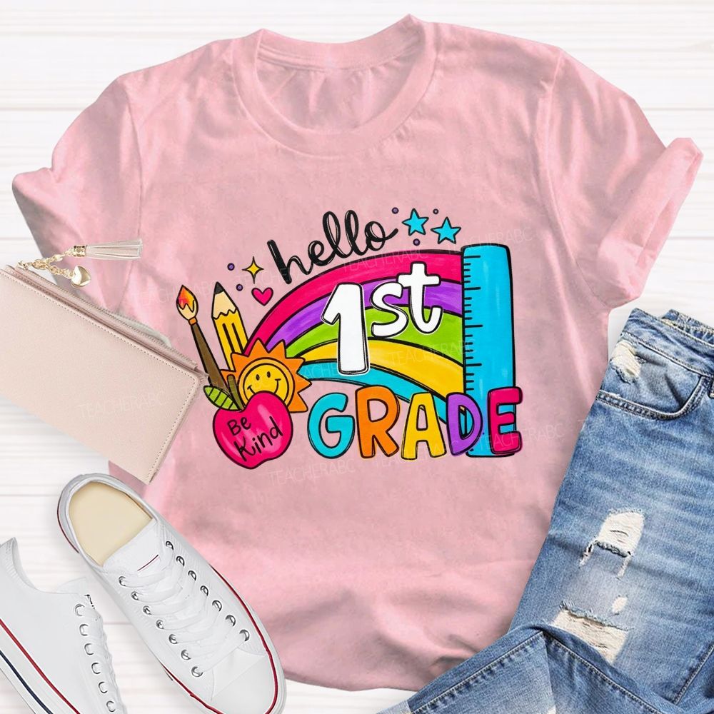 Personalized Grade Hello 1st Grade Rainbow Be Kind Apple Teacher T-shirt