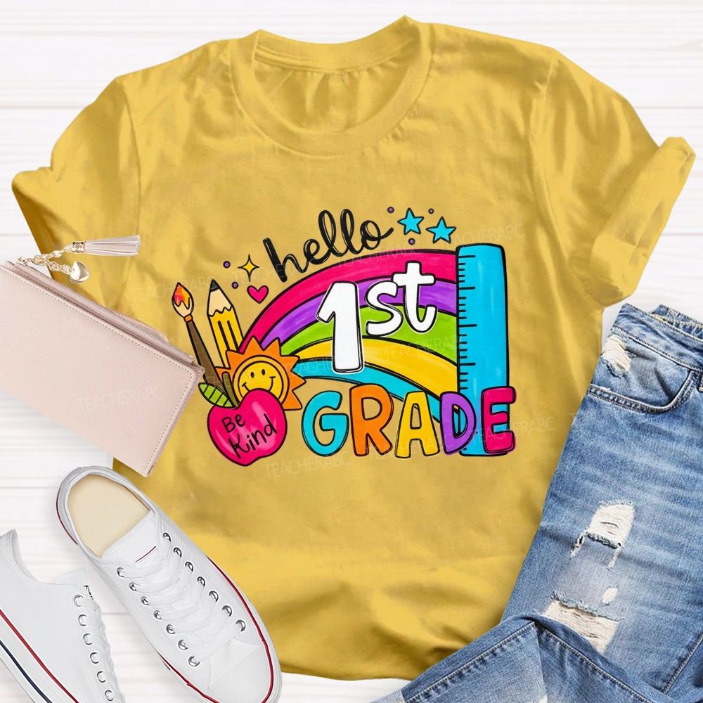 Personalized Grade Hello 1st Grade Rainbow Be Kind Apple Teacher T-shirt