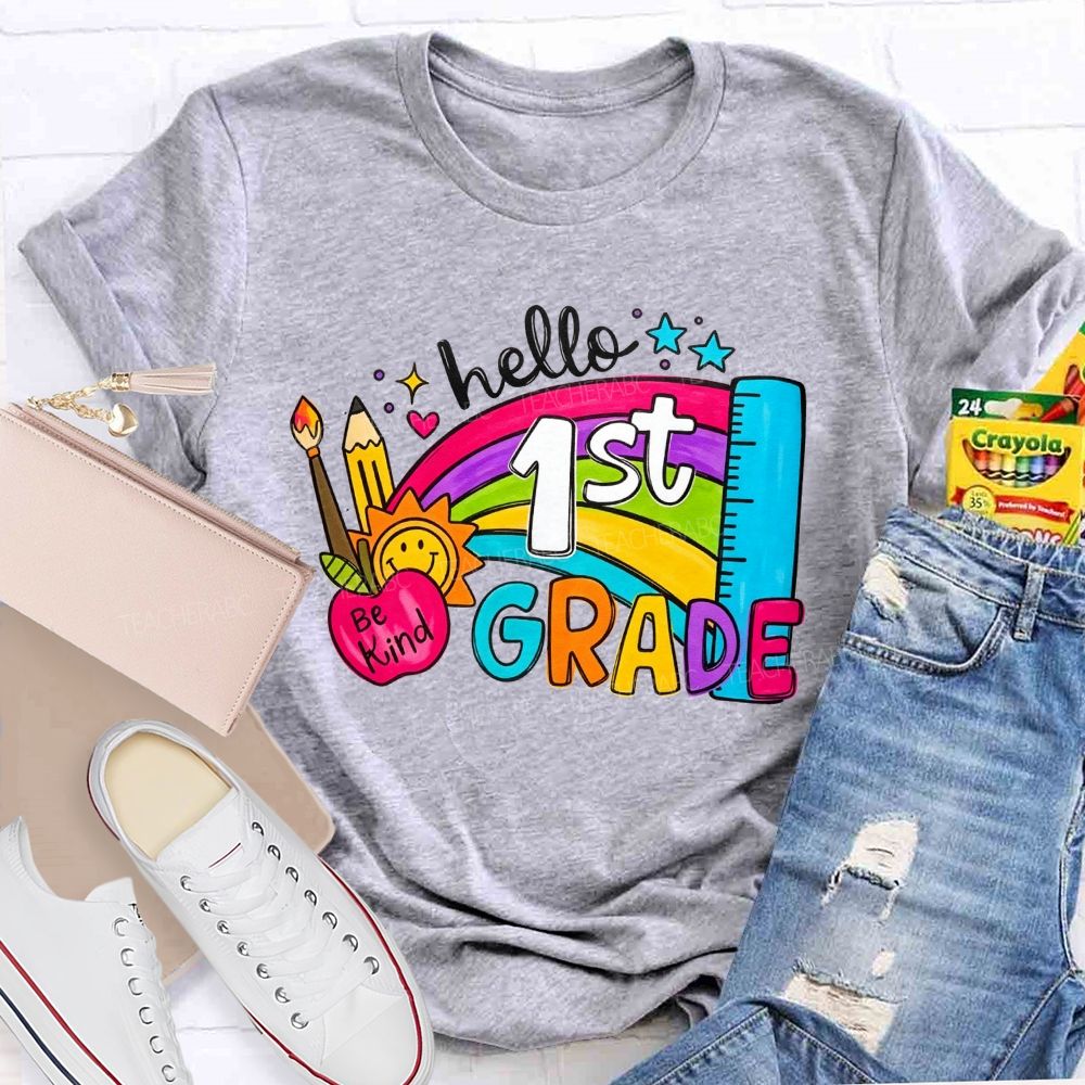 Personalized Grade Hello 1st Grade Rainbow Be Kind Apple Teacher T-shirt