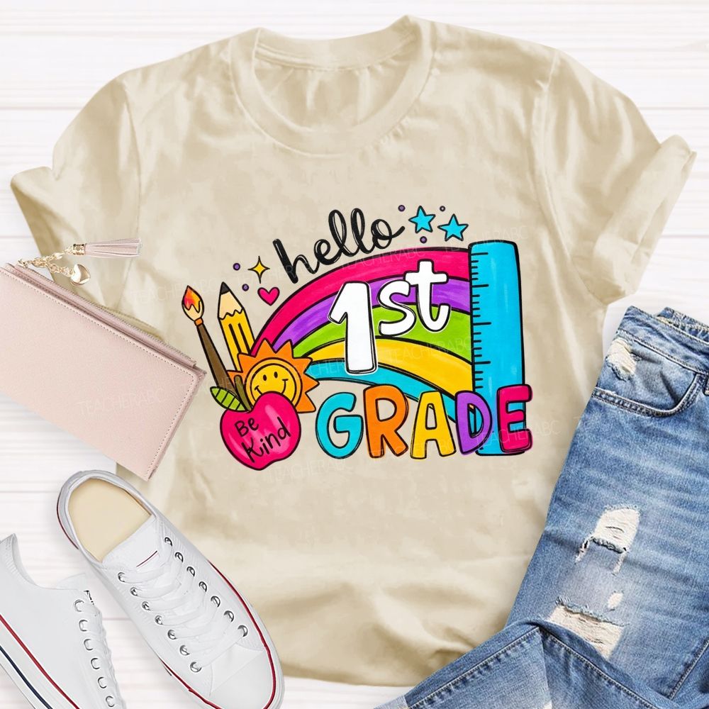 Personalized Grade Hello 1st Grade Rainbow Be Kind Apple Teacher T-shirt