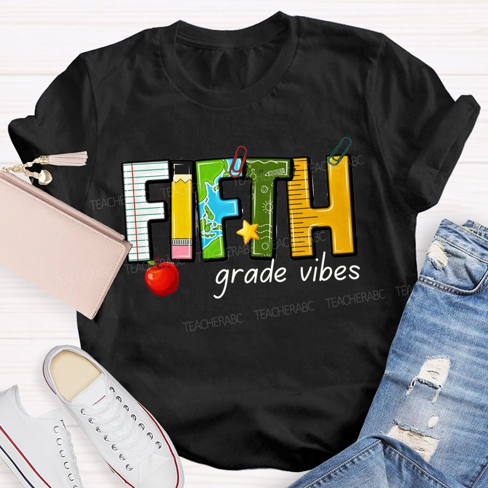 Personalized Grade Fifth Grade Vibes Notebook Pencil Globe Apple Teacher T-shirt
