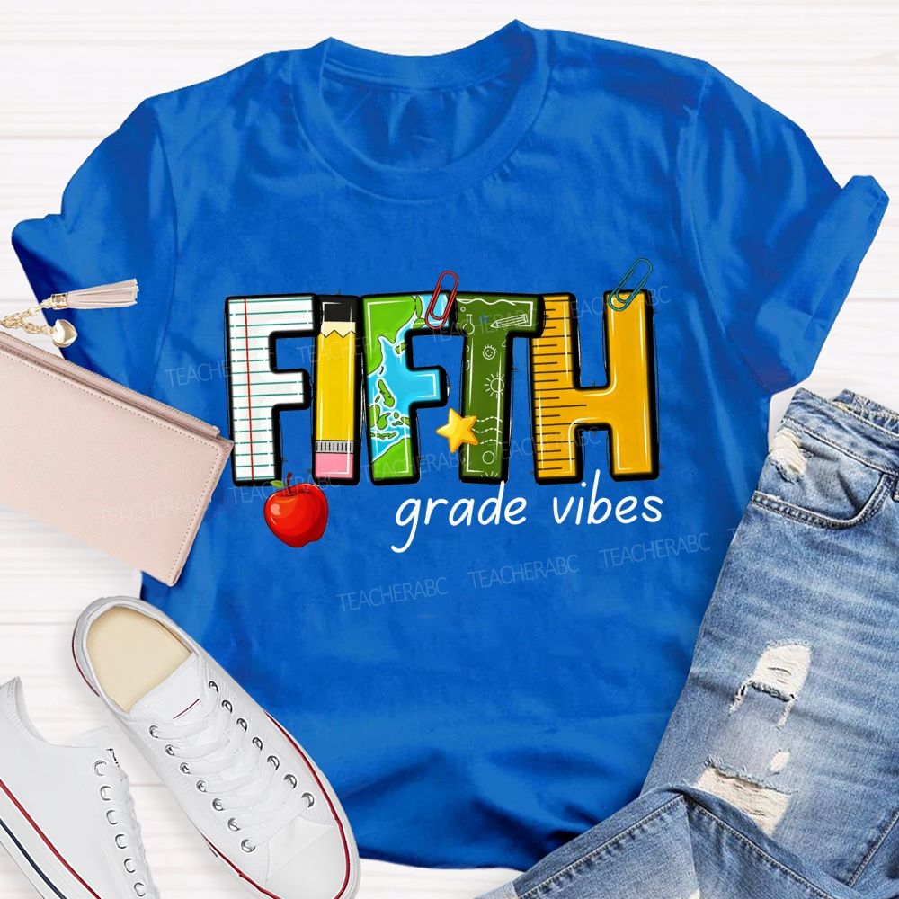 Personalized Grade Fifth Grade Vibes Notebook Pencil Globe Apple Teacher T-shirt