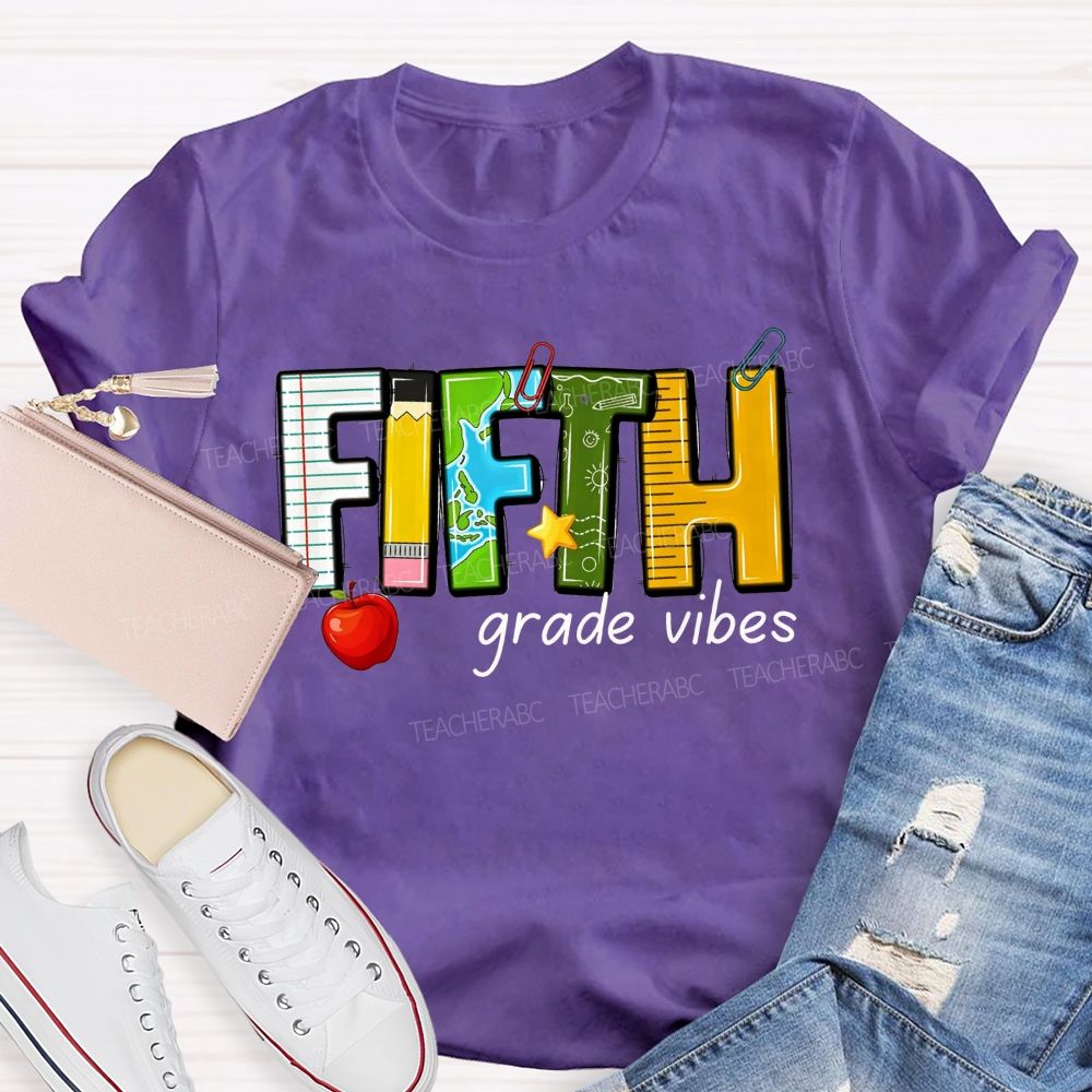 Personalized Grade Fifth Grade Vibes Notebook Pencil Globe Apple Teacher T-shirt