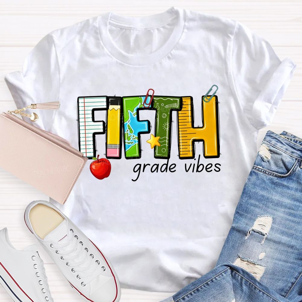 Personalized Grade Fifth Grade Vibes Notebook Pencil Globe Apple Teacher T-shirt