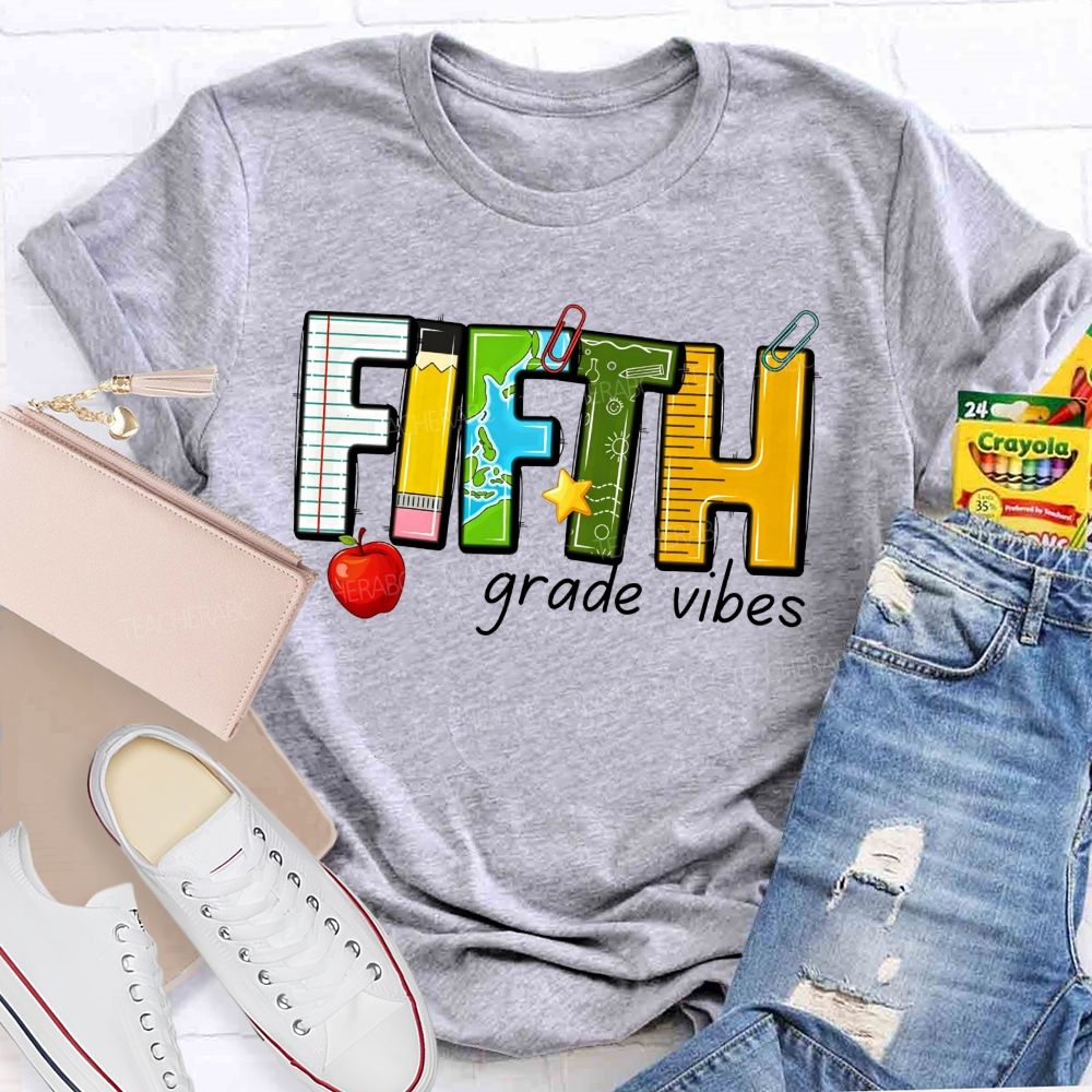 Personalized Grade Fifth Grade Vibes Notebook Pencil Globe Apple Teacher T-shirt