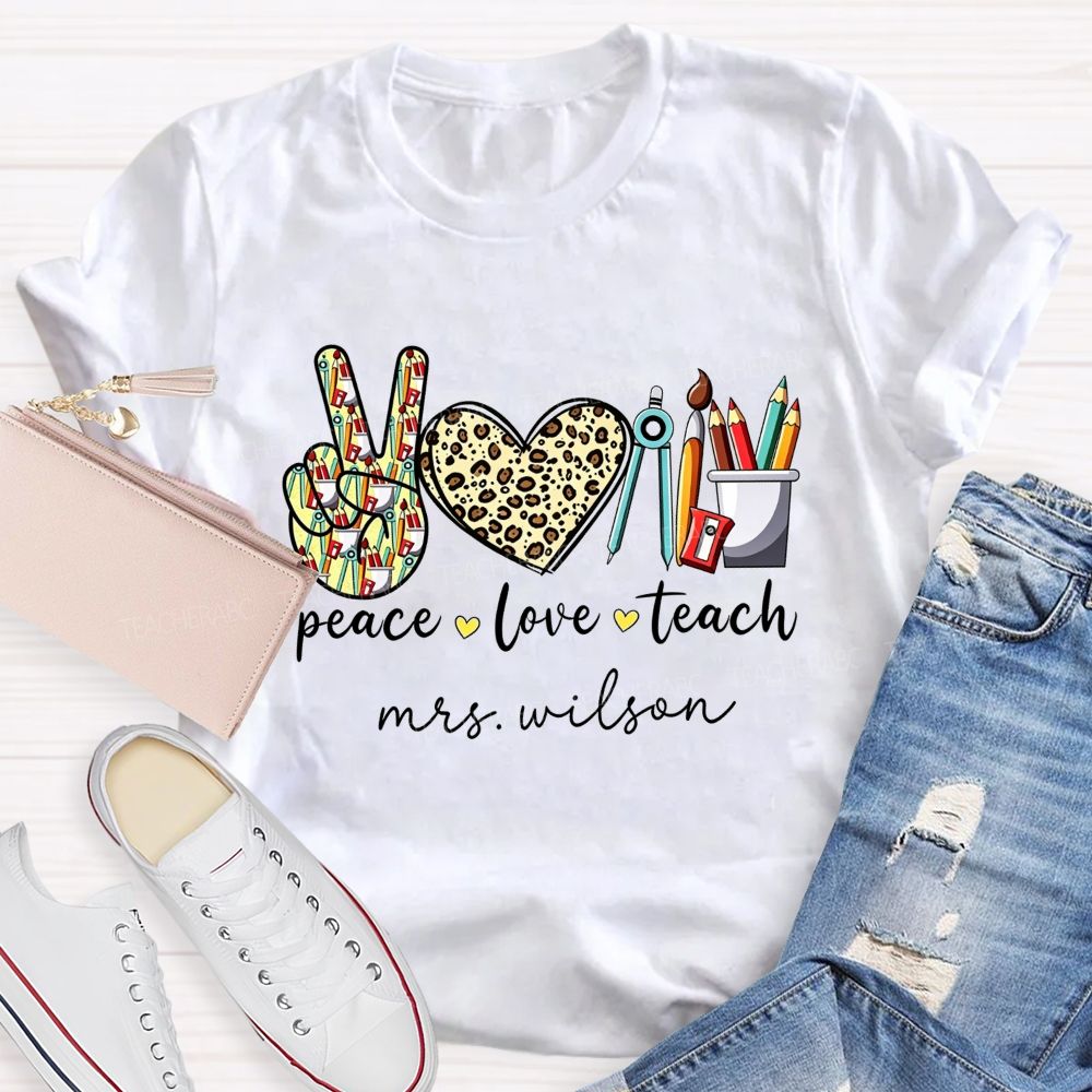 Personalized Name Peace Love Teach Leopard Heart Teacher T-shirt