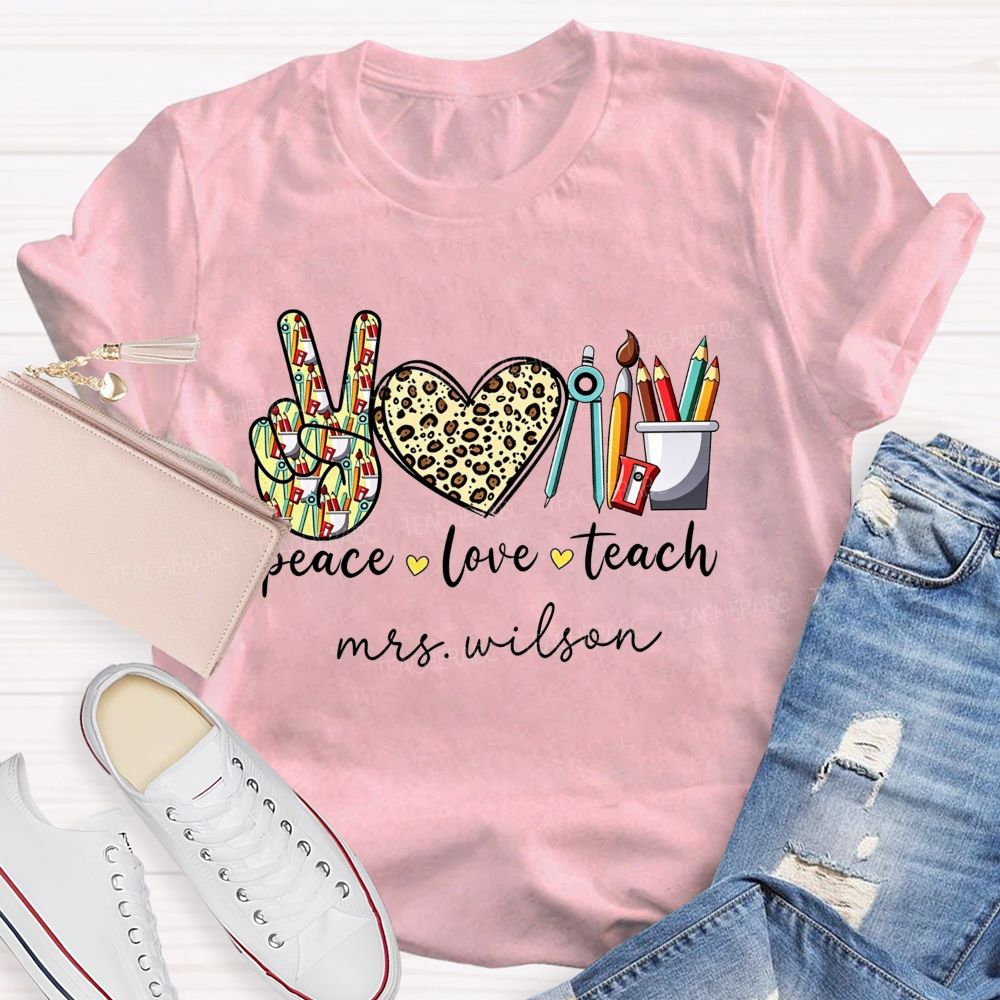 Personalized Name Peace Love Teach Leopard Heart Teacher T-shirt