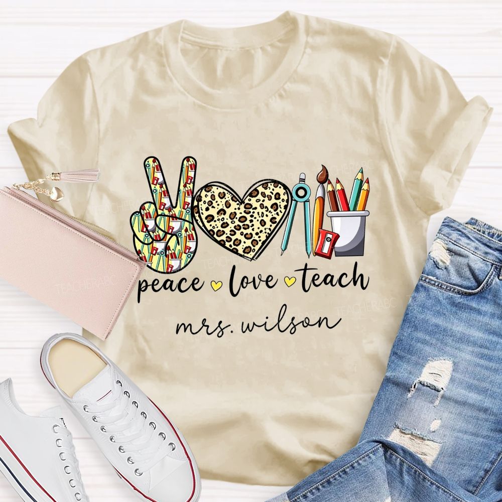 Personalized Name Peace Love Teach Leopard Heart Teacher T-shirt