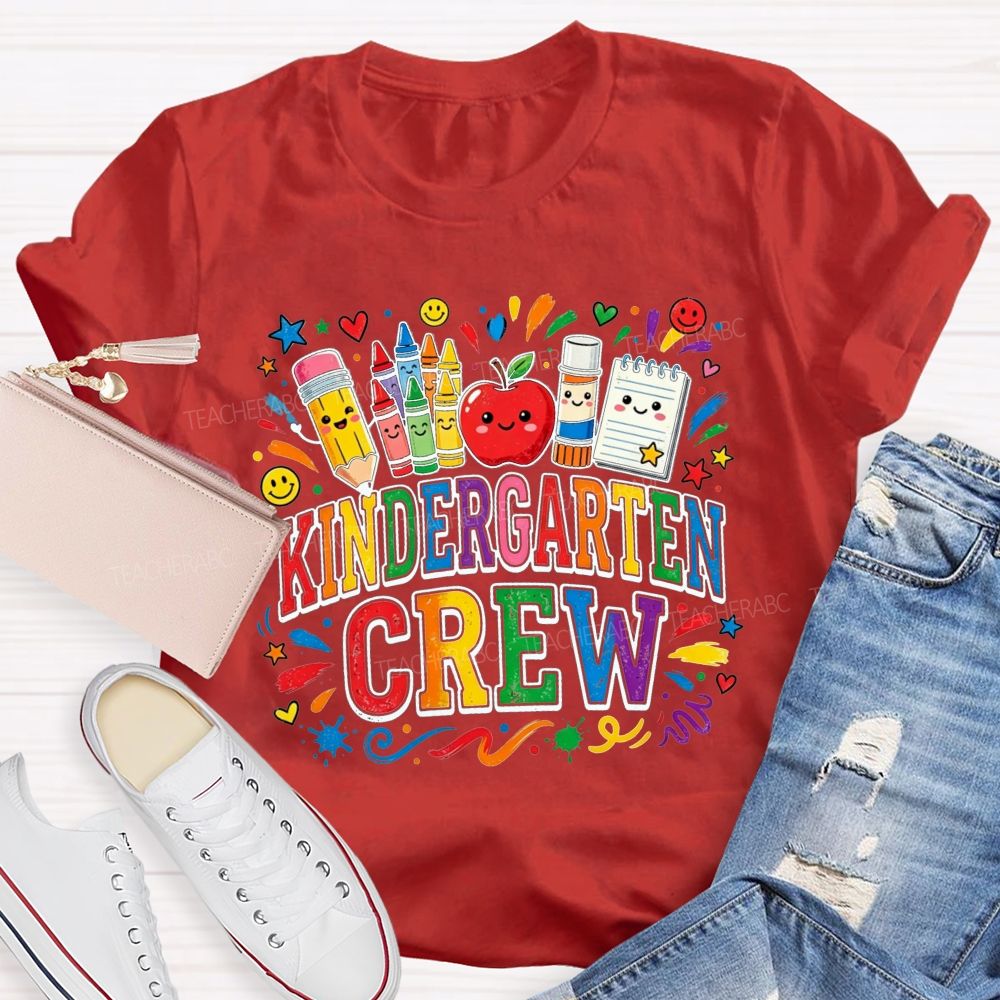 Personalized Grade Kindergarten Crew Apple Crayon Pencil Teacher T-shirt