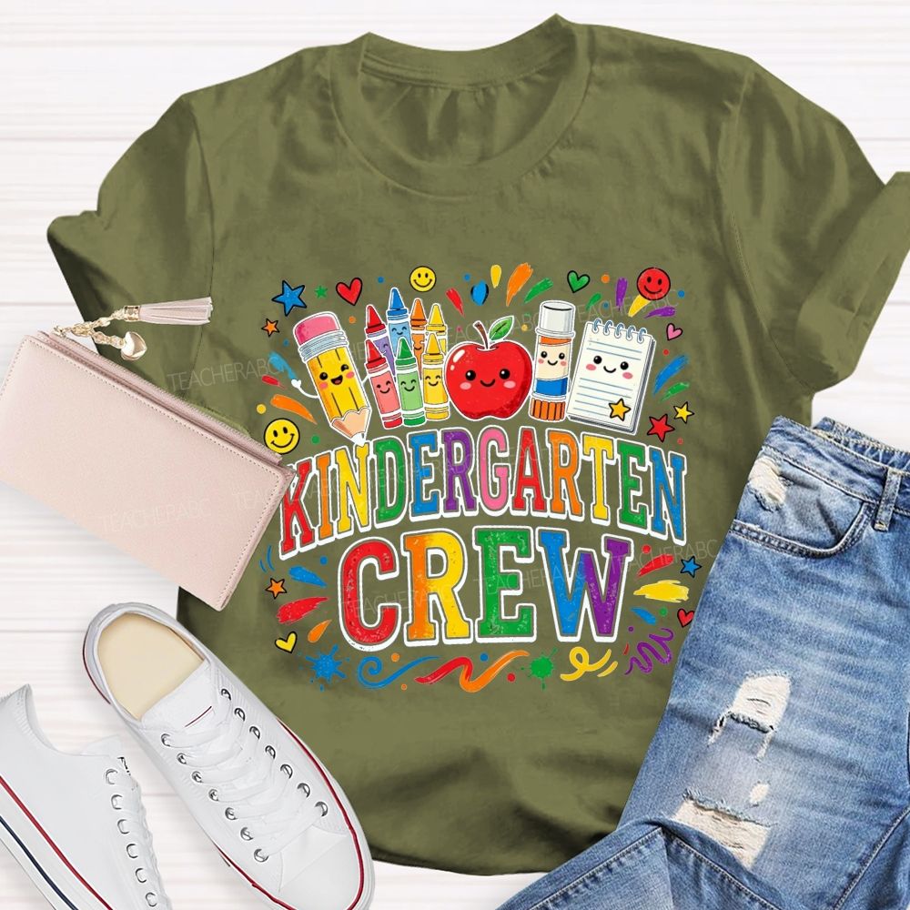 Personalized Grade Kindergarten Crew Apple Crayon Pencil Teacher T-shirt