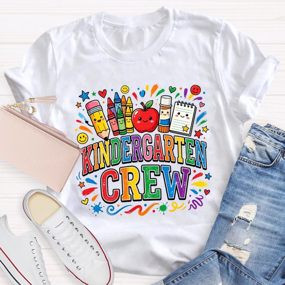 Personalized Grade Kindergarten Crew Apple Crayon Pencil Teacher T-shirt