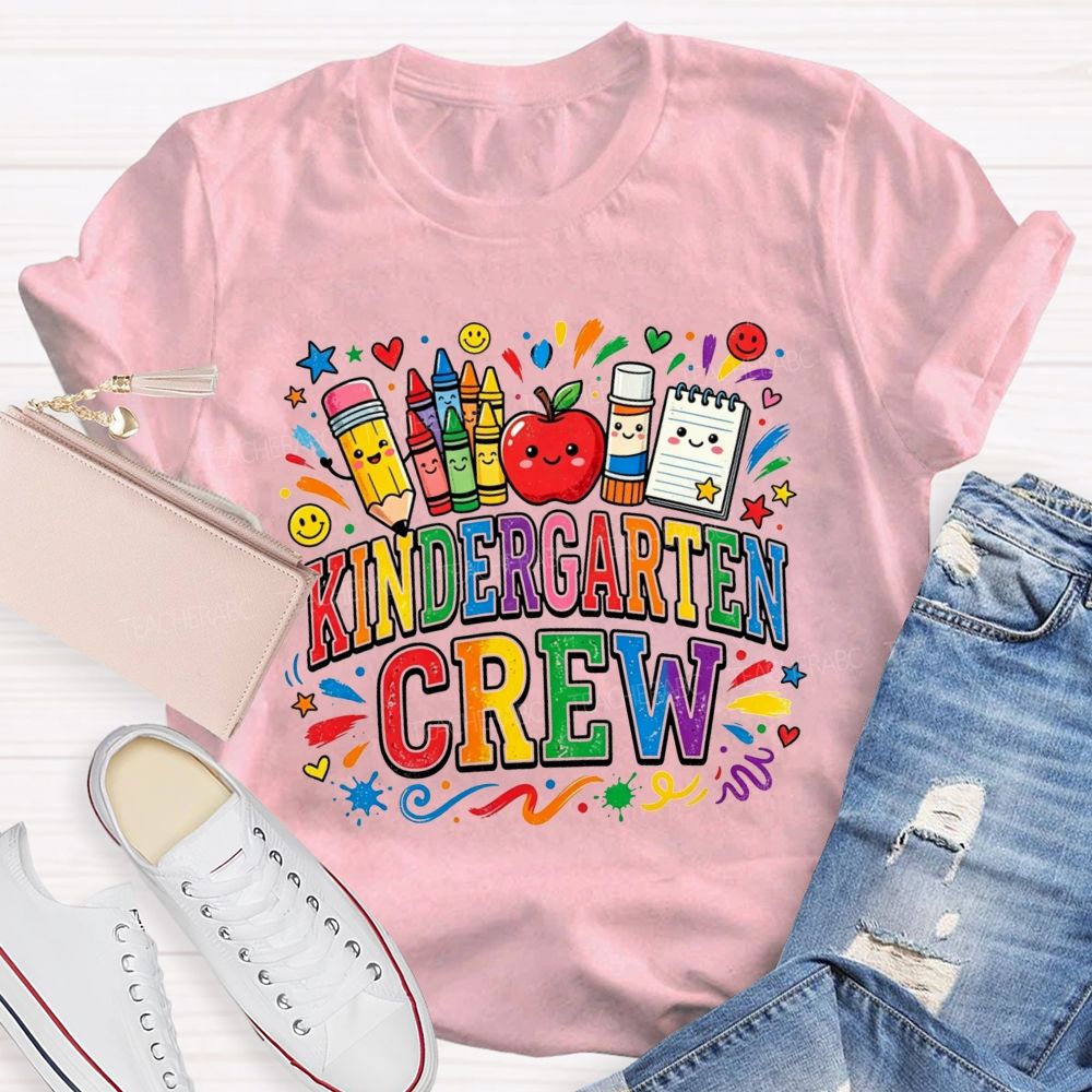 Personalized Grade Kindergarten Crew Apple Crayon Pencil Teacher T-shirt