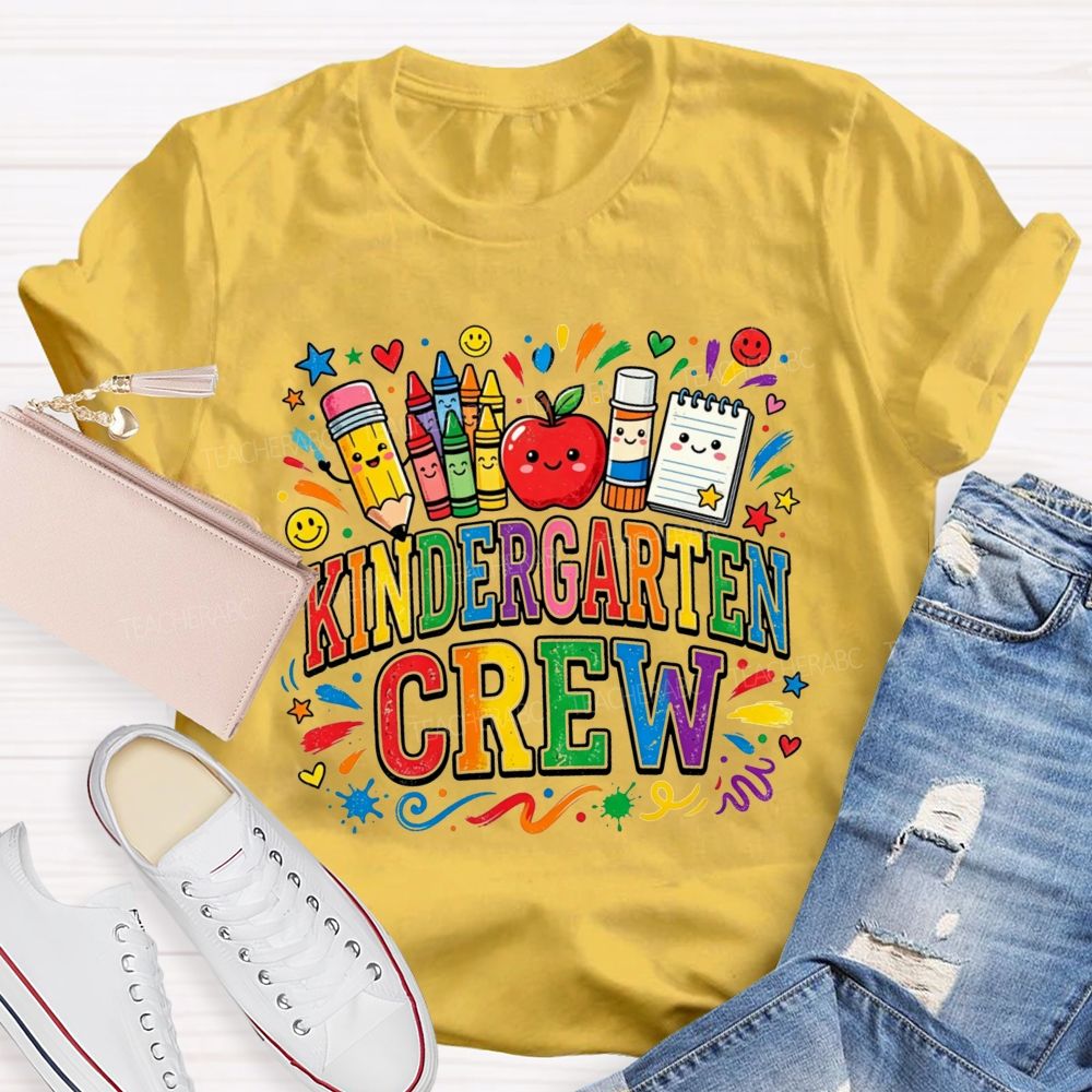 Personalized Grade Kindergarten Crew Apple Crayon Pencil Teacher T-shirt