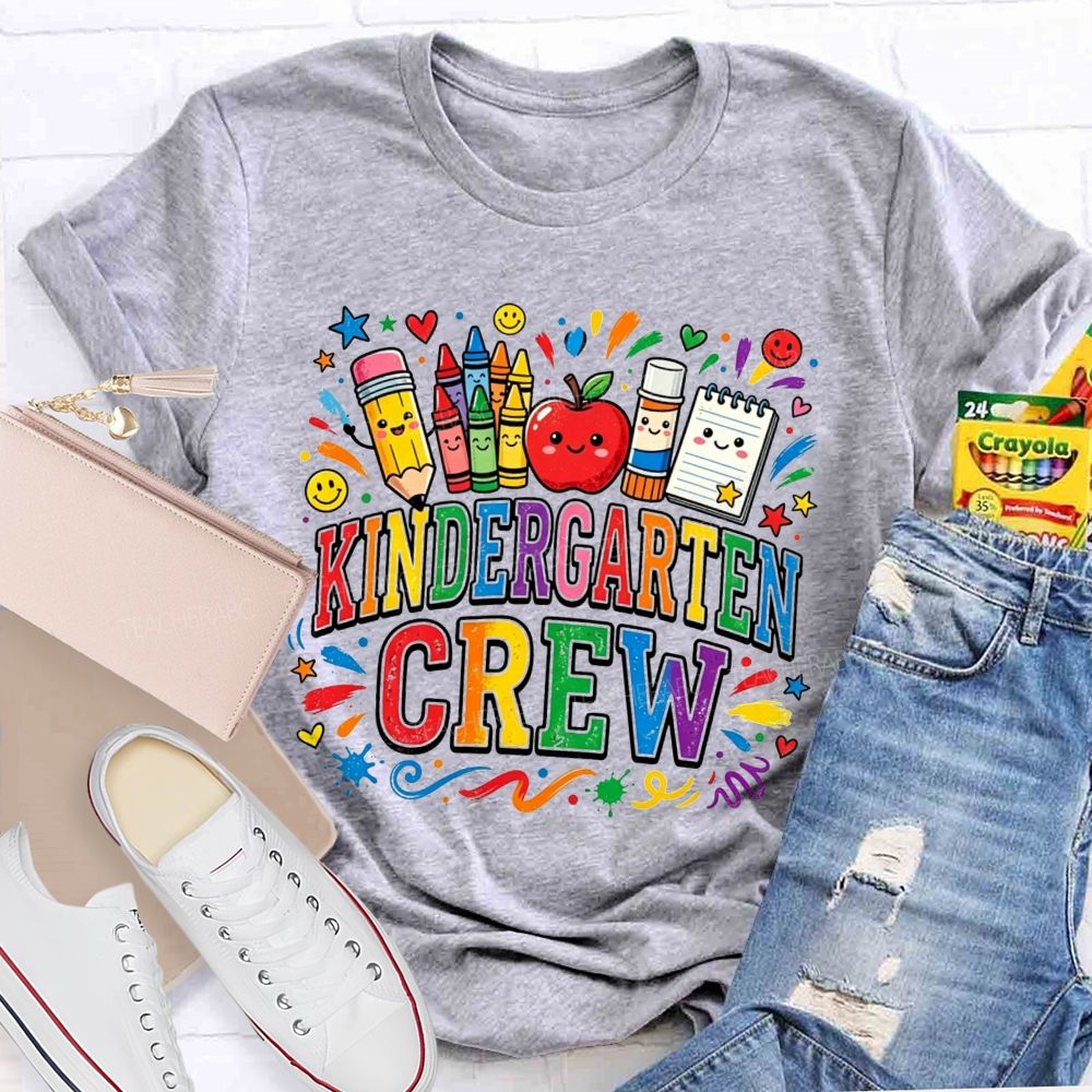 Personalized Grade Kindergarten Crew Apple Crayon Pencil Teacher T-shirt