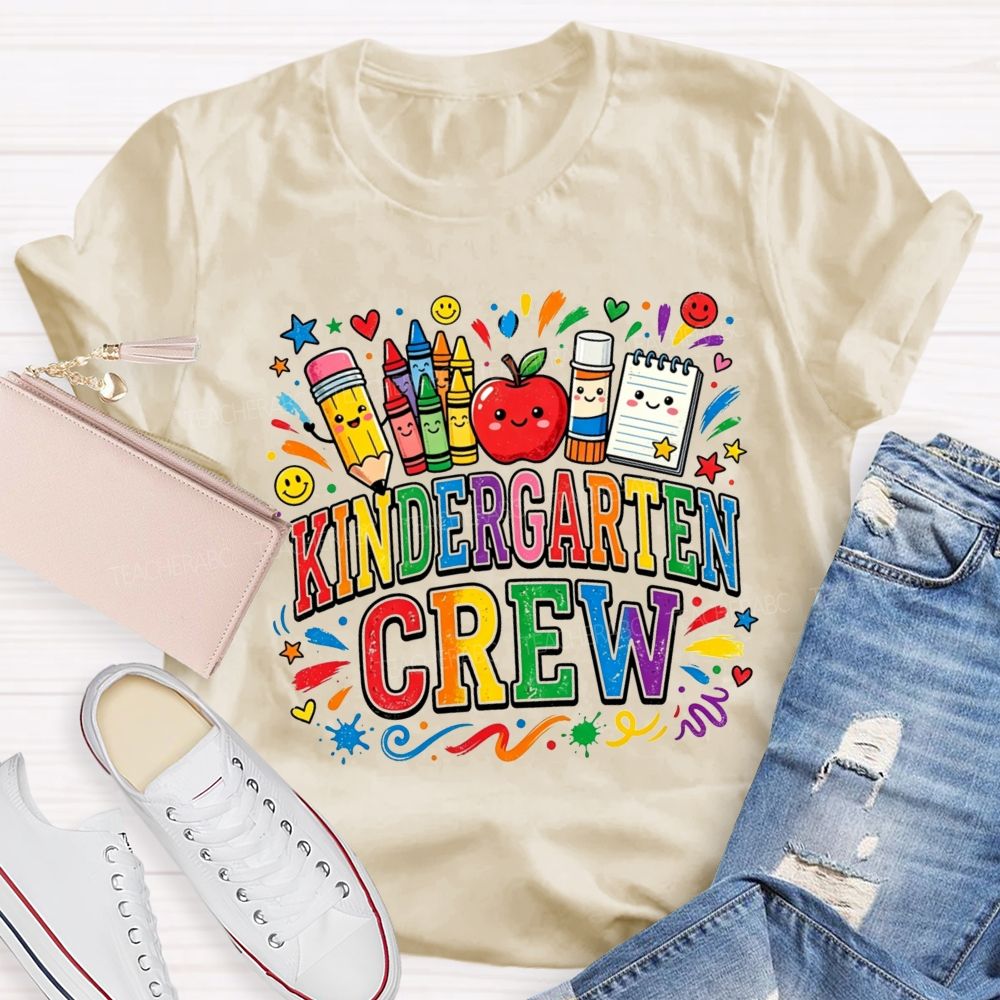Personalized Grade Kindergarten Crew Apple Crayon Pencil Teacher T-shirt