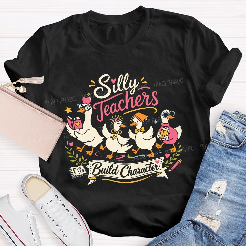 Silly Teachers Build Character Book Apple Floral Teacher T-shirt