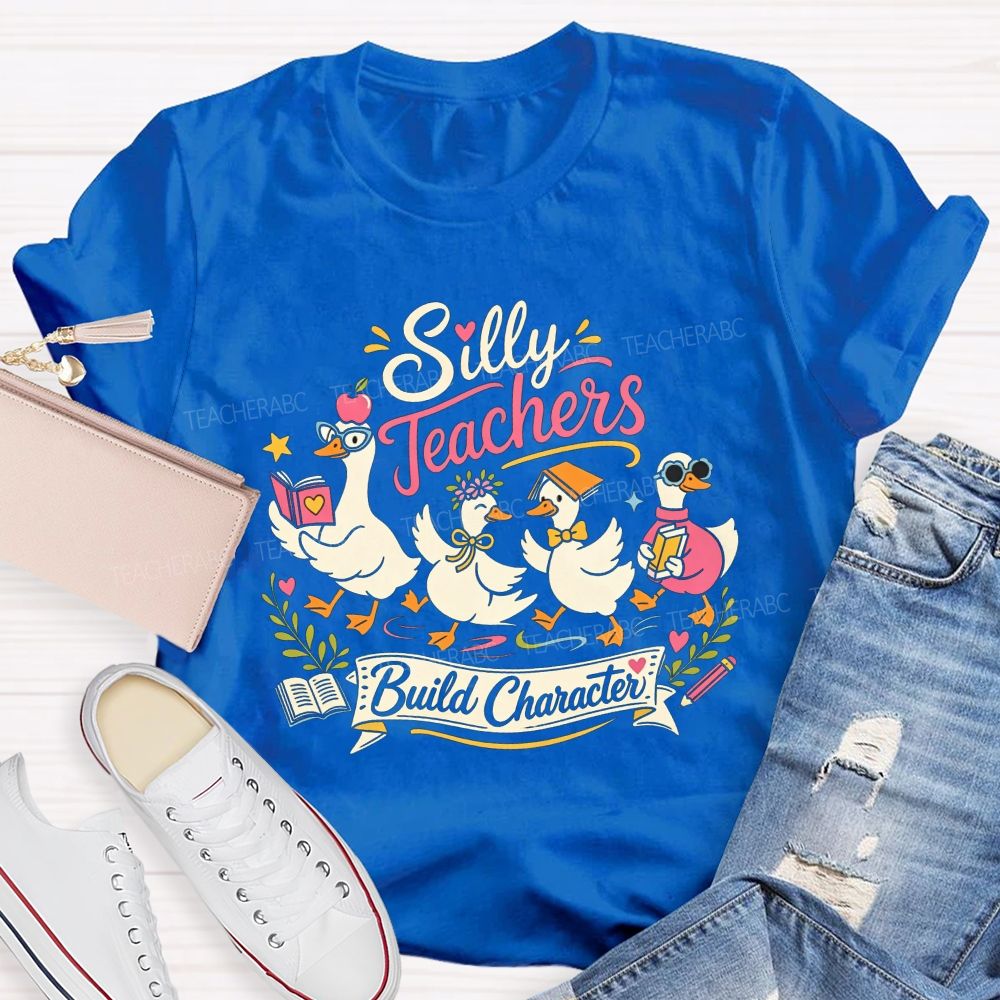 Silly Teachers Build Character Book Apple Floral Teacher T-shirt