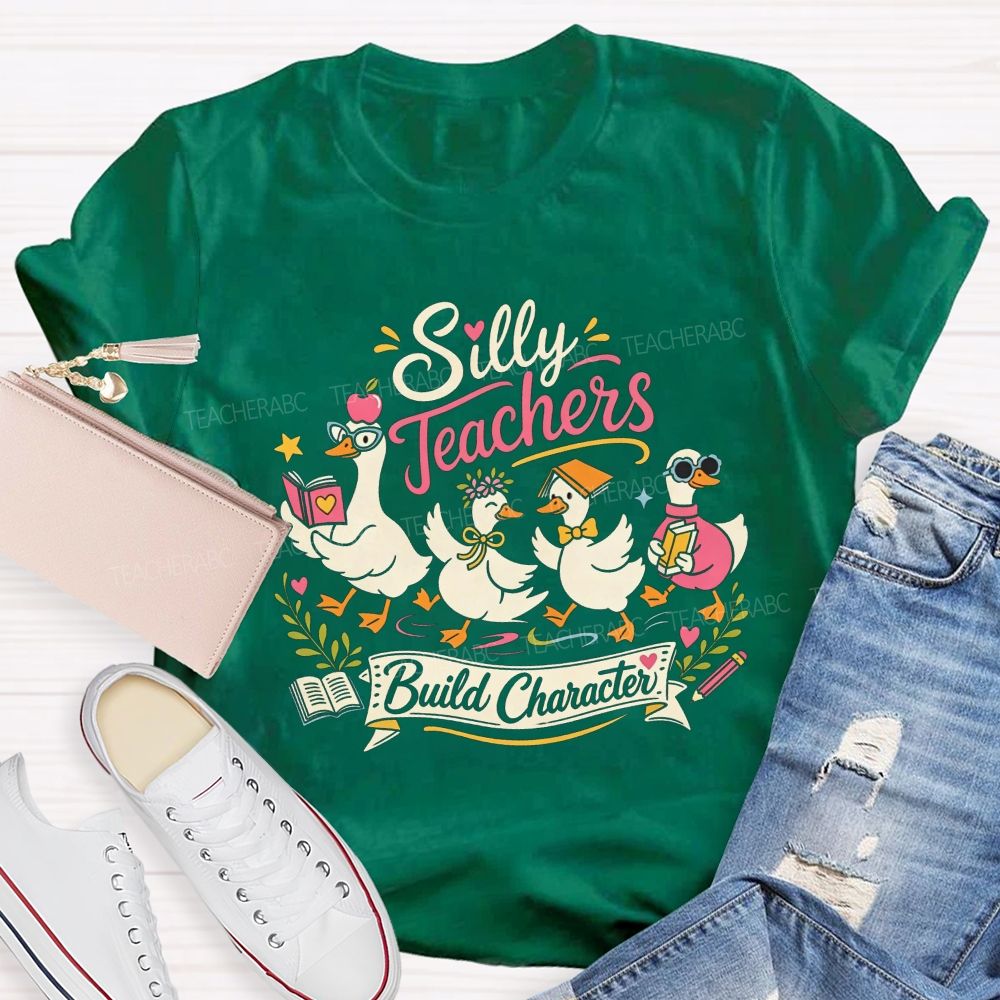 Silly Teachers Build Character Book Apple Floral Teacher T-shirt