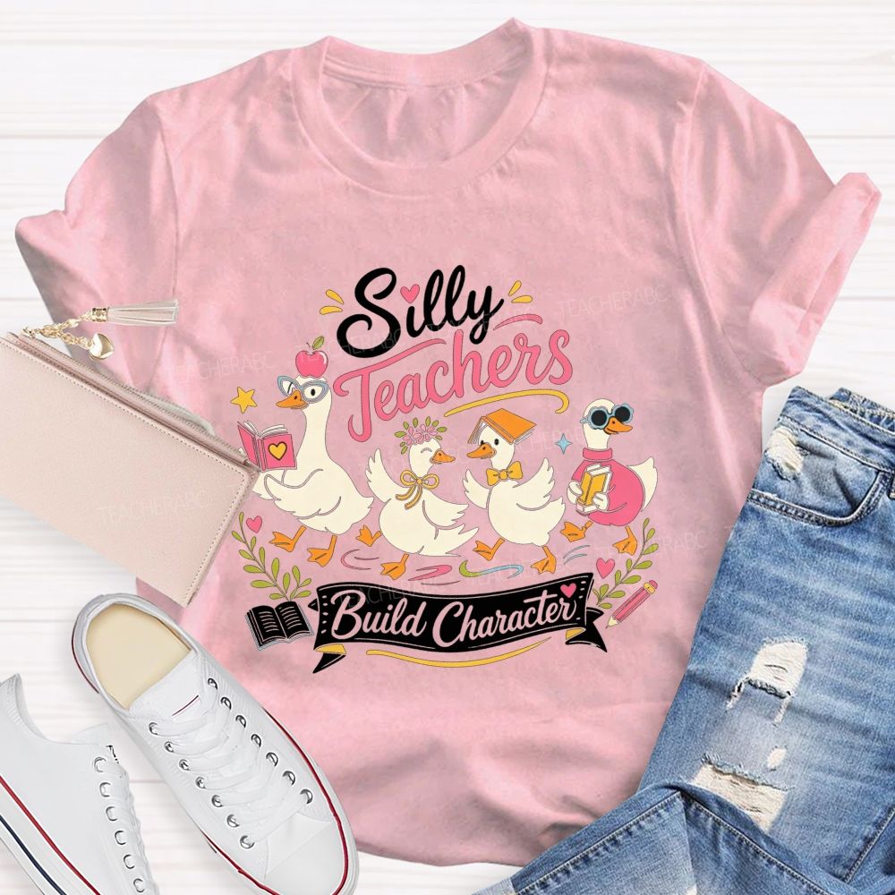 Silly Teachers Build Character Book Apple Floral Teacher T-shirt