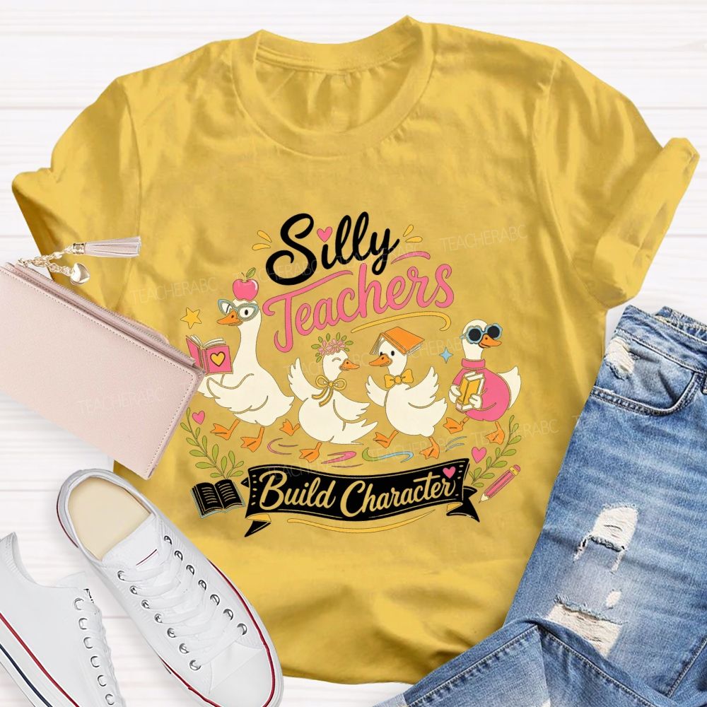 Silly Teachers Build Character Book Apple Floral Teacher T-shirt