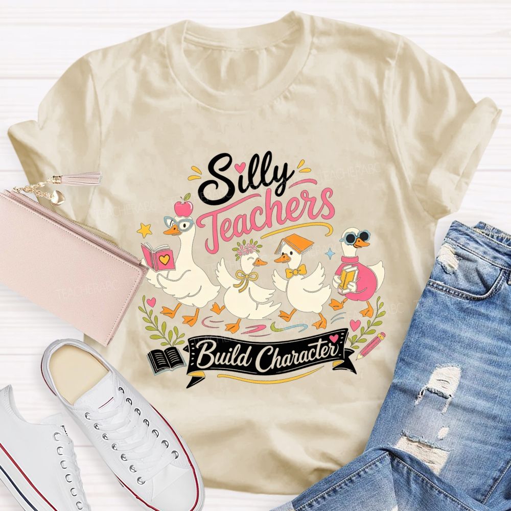 Silly Teachers Build Character Book Apple Floral Teacher T-shirt