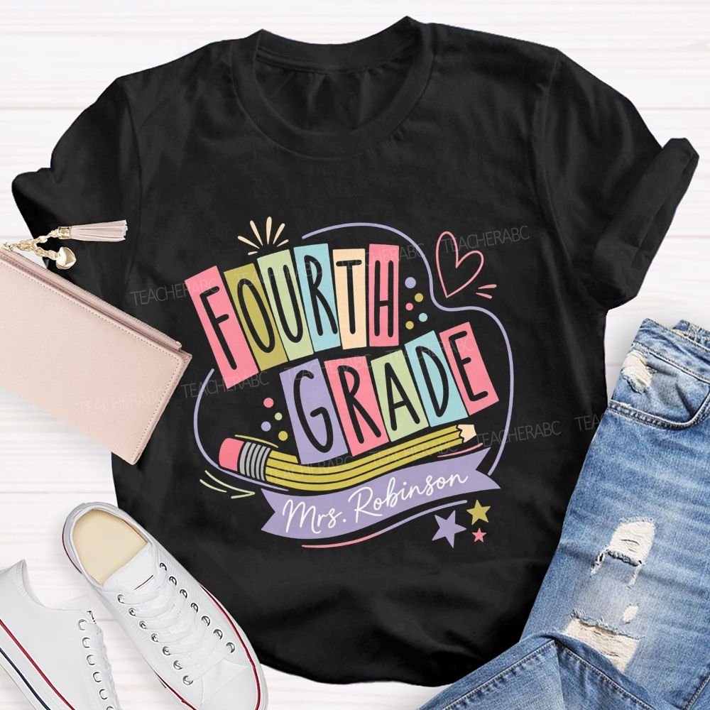 Personalized Name And Grade Heart Star Teacher T-shirt