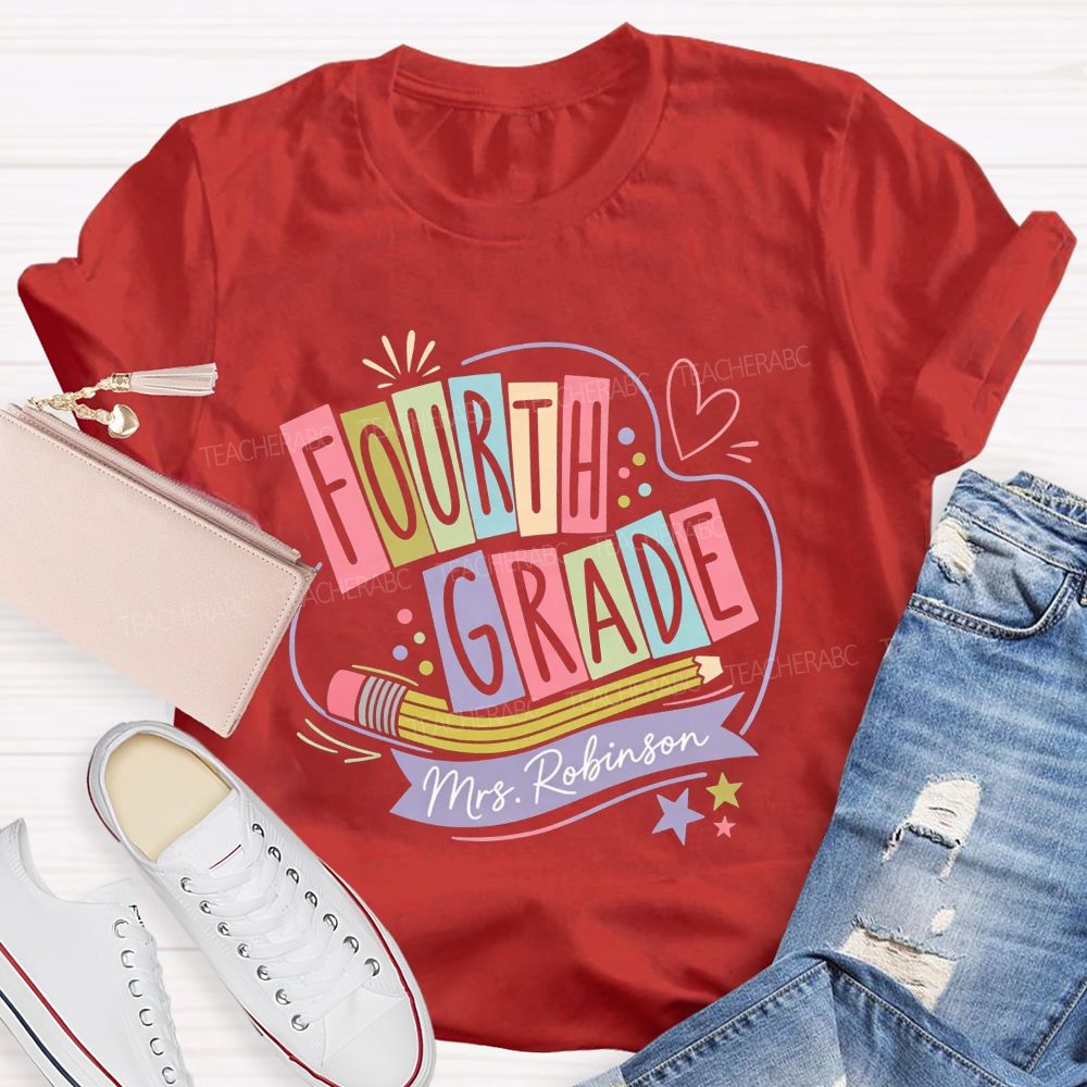 Personalized Name And Grade Heart Star Teacher T-shirt