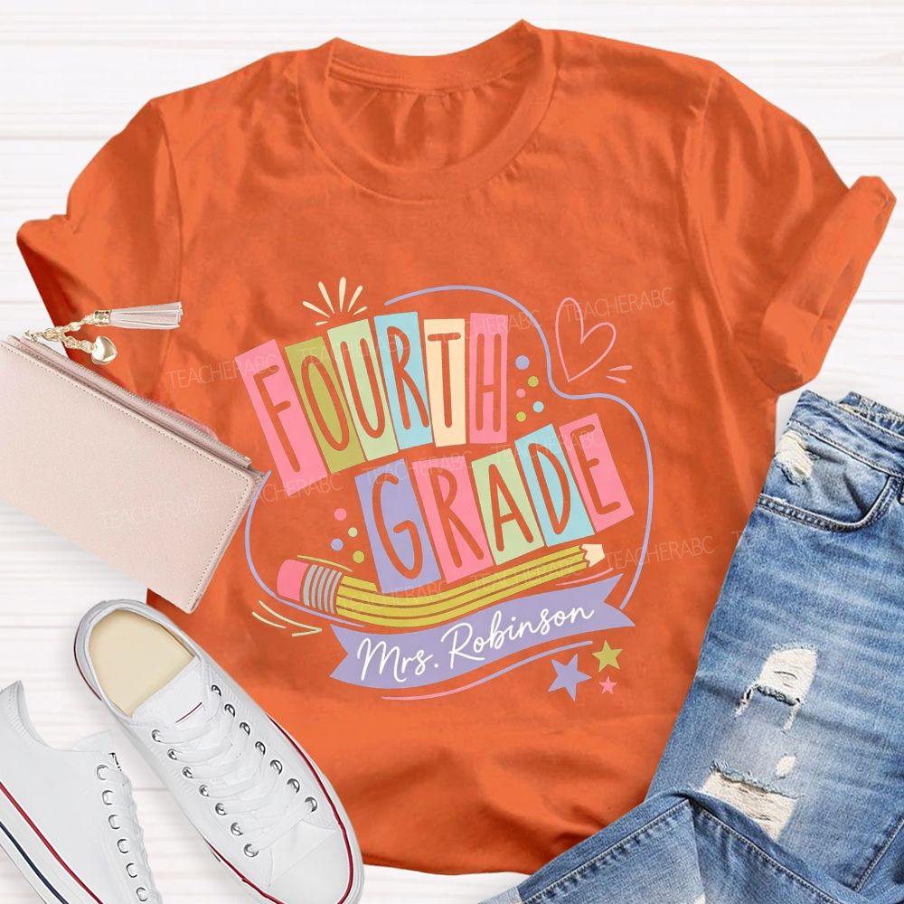 Personalized Name And Grade Heart Star Teacher T-shirt