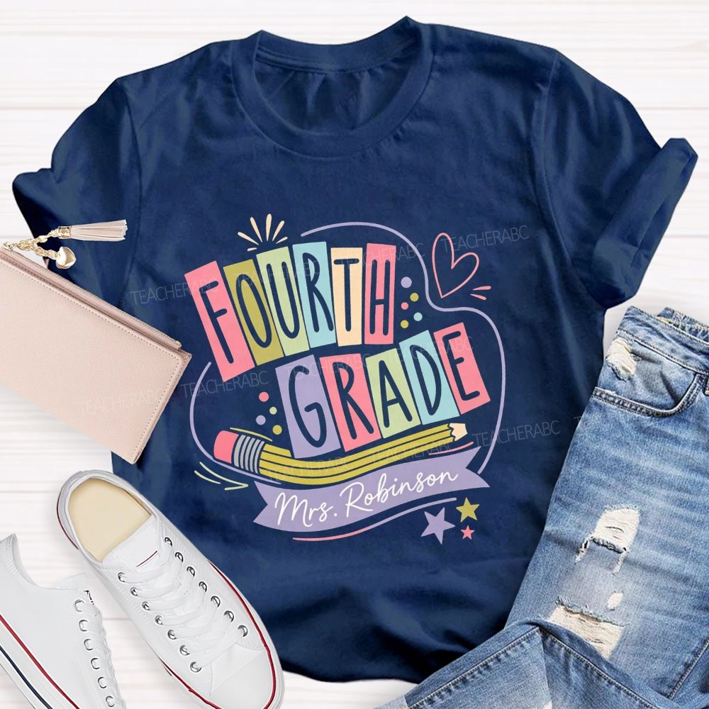 Personalized Name And Grade Heart Star Teacher T-shirt