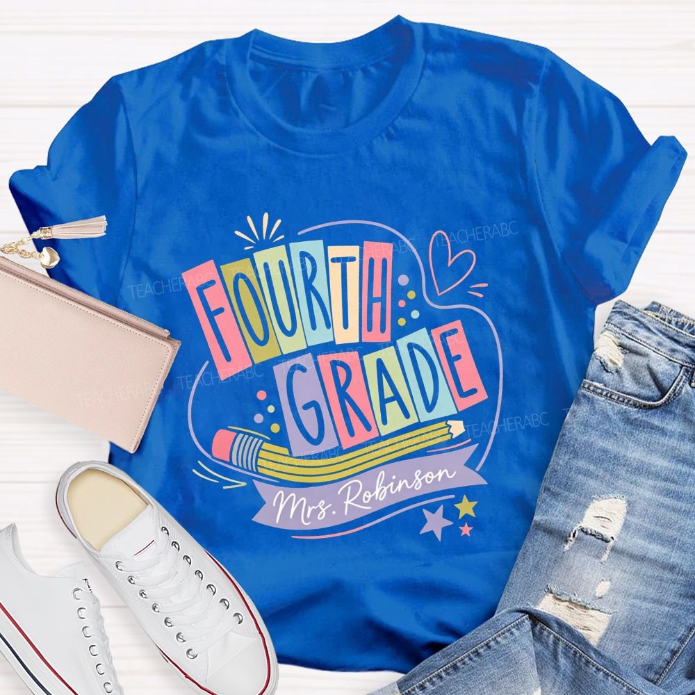 Personalized Name And Grade Heart Star Teacher T-shirt