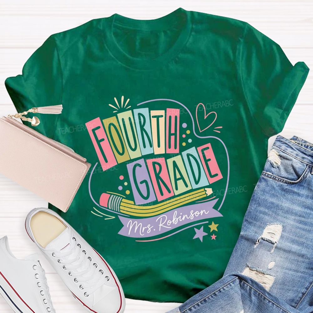 Personalized Name And Grade Heart Star Teacher T-shirt