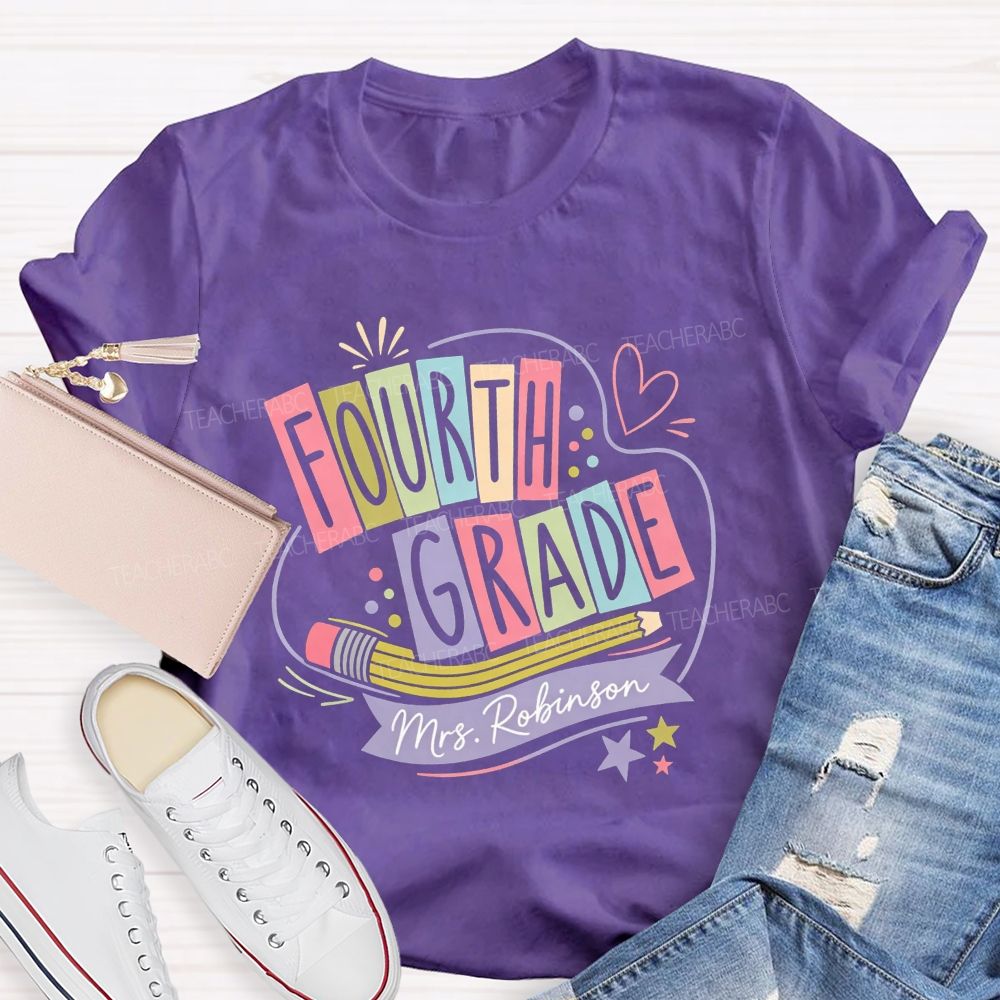 Personalized Name And Grade Heart Star Teacher T-shirt