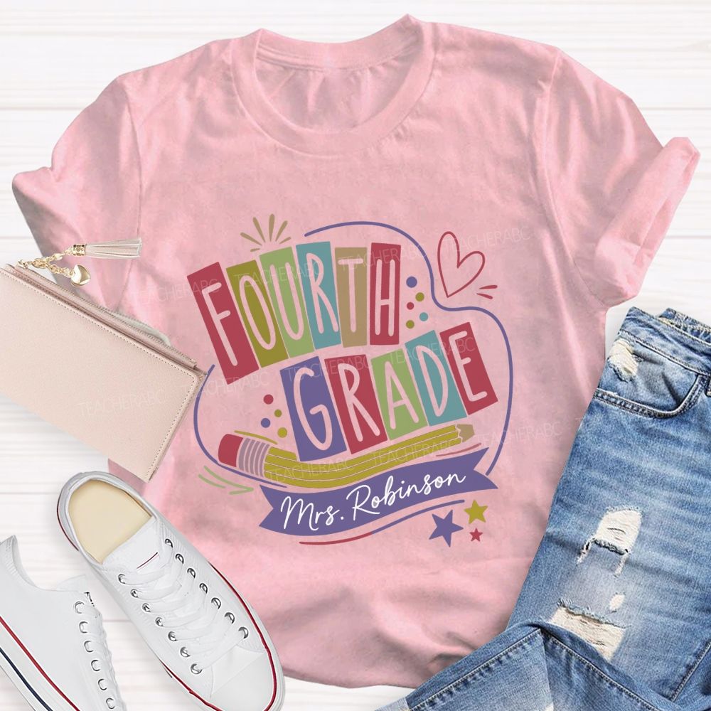 Personalized Name And Grade Heart Star Teacher T-shirt