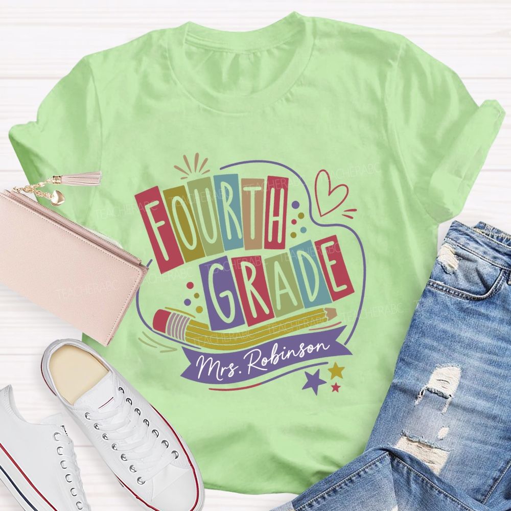 Personalized Name And Grade Heart Star Teacher T-shirt