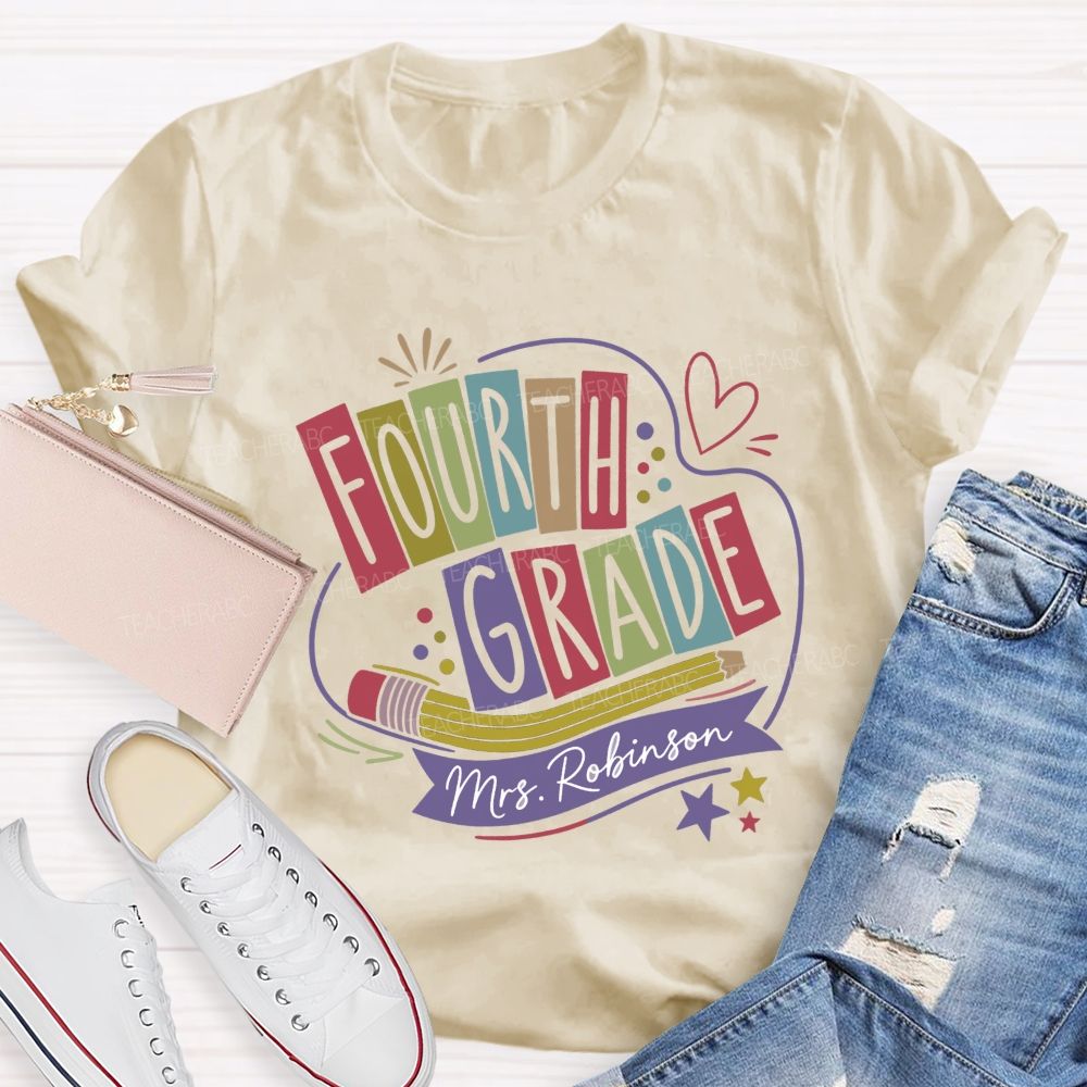 Personalized Name And Grade Heart Star Teacher T-shirt