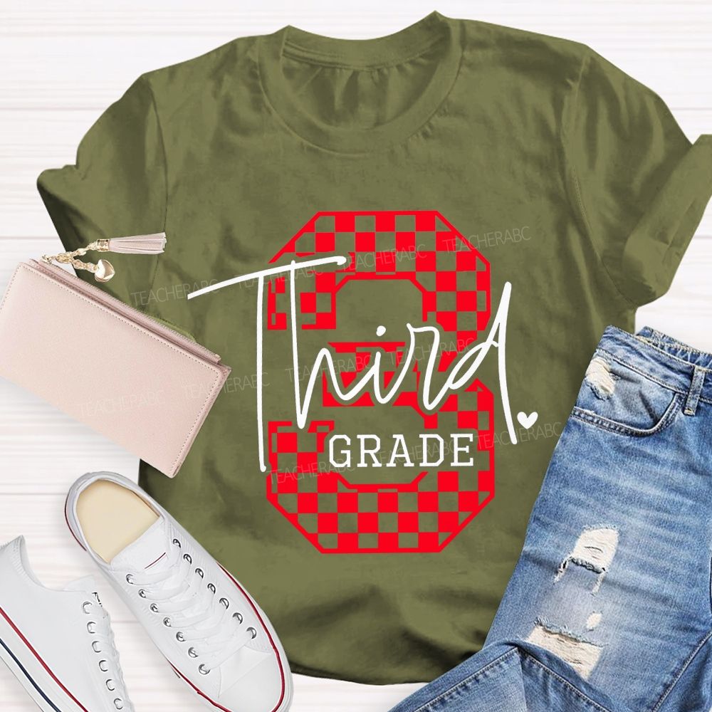 Personalized Grade Checkered Third Grade Script Heart Teacher T-shirt