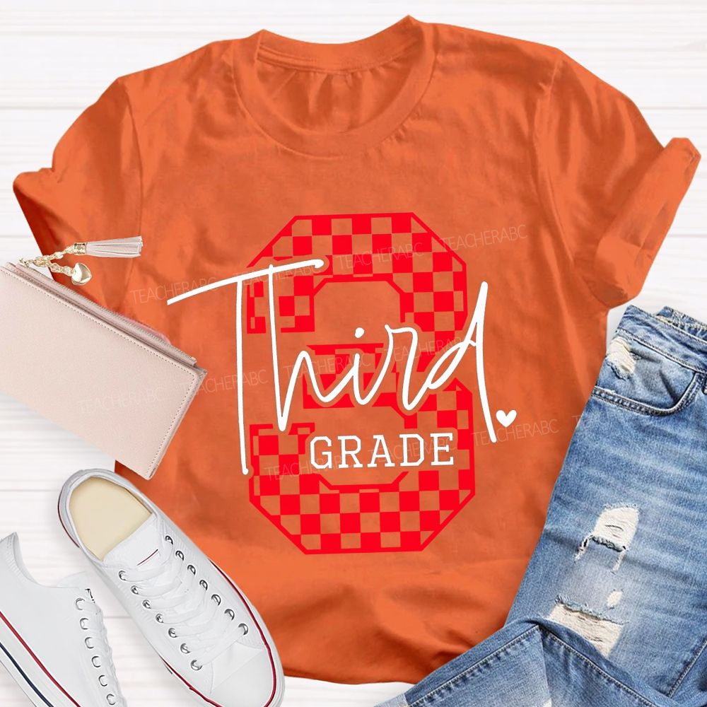 Personalized Grade Checkered Third Grade Script Heart Teacher T-shirt