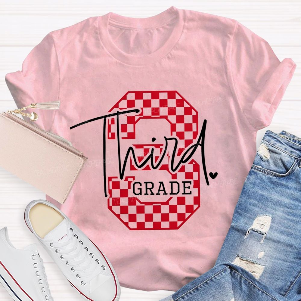 Personalized Grade Checkered Third Grade Script Heart Teacher T-shirt